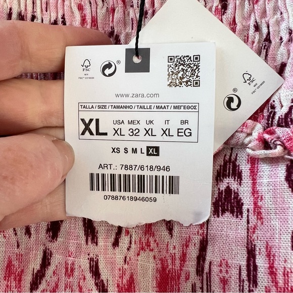 ZARA NWT 2024 Pink Linen Blend Printed Midi Dress Ruched Elastic Top Size XL - Picture 5 of 13
